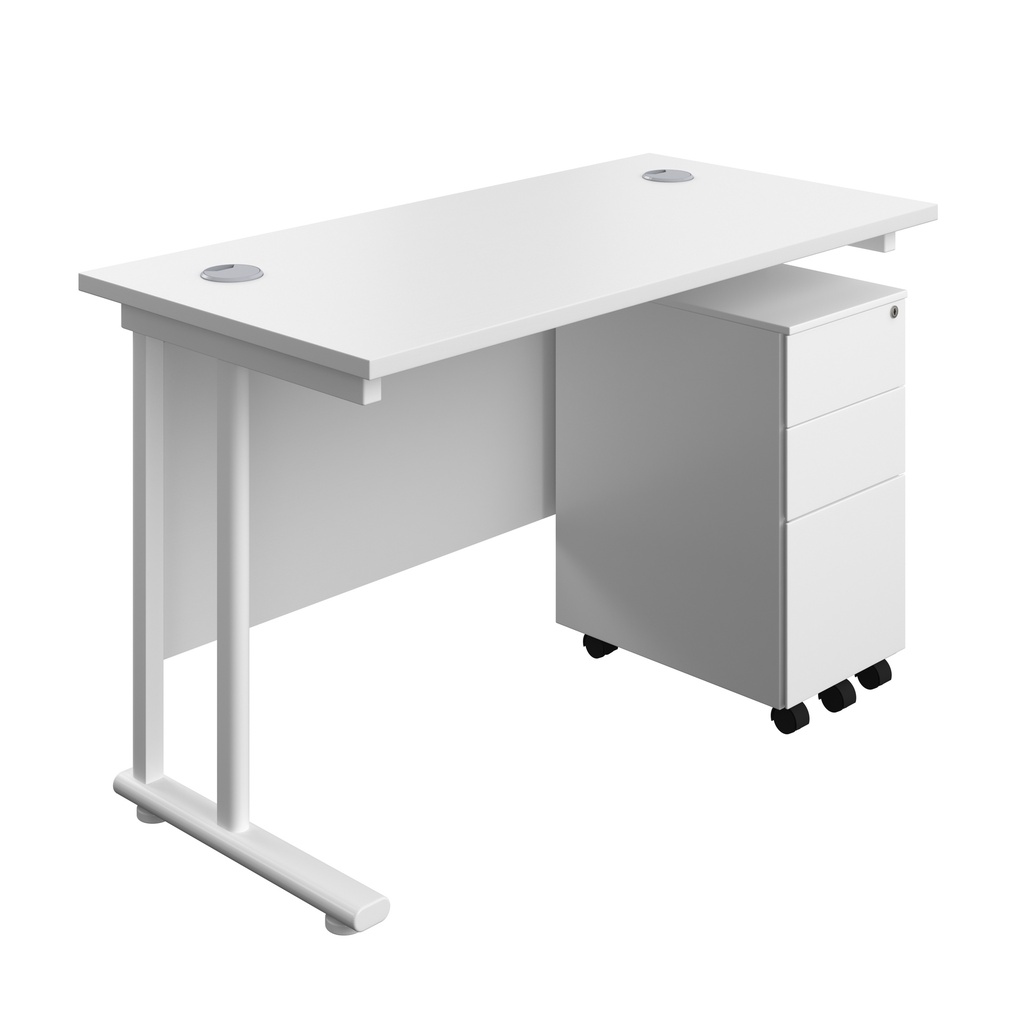 Twin Upright Rectangular Desk + Slimline Steel Pedestal 3 Drawers (FSC) | 1200X600 | White/White | 