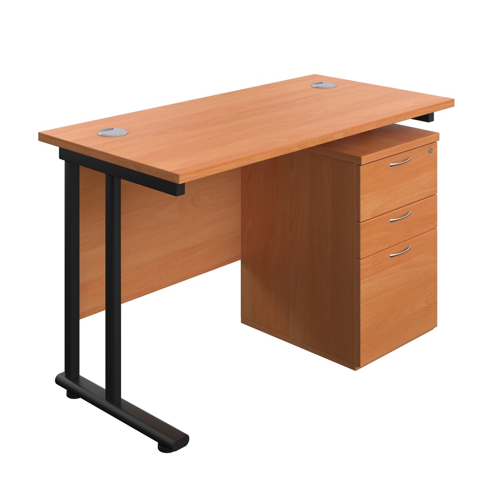 Twin Upright Rectangular Desk + High Mobile Pedestal 3 Drawer (FSC) | 1200X600 | Beech/Black | 