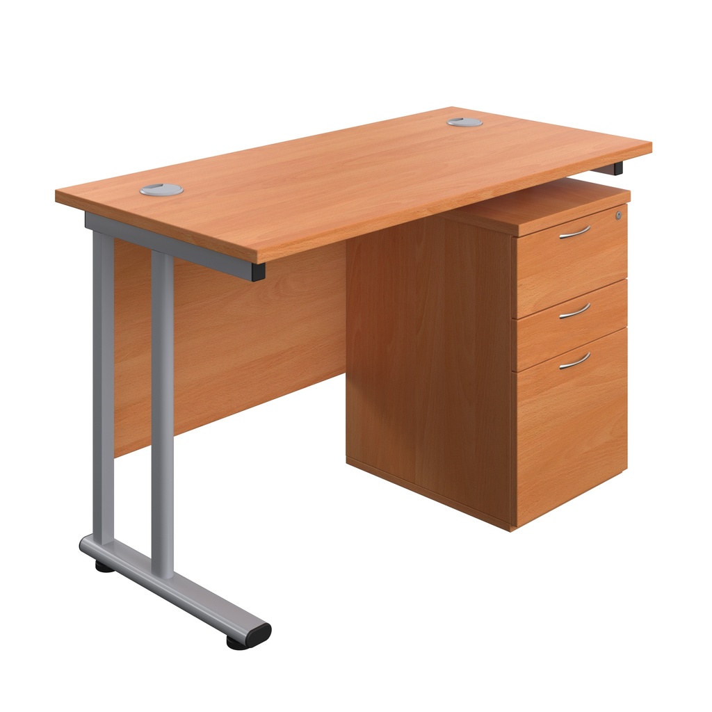 Twin Upright Rectangular Desk + High Mobile Pedestal 3 Drawer (FSC) | 1200X600 | Beech/Silver | 