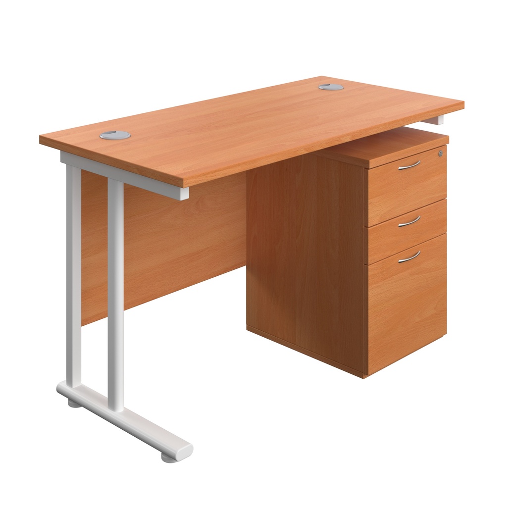 Twin Upright Rectangular Desk + High Mobile Pedestal 3 Drawer (FSC) | 1200X600 | Beech/White | 