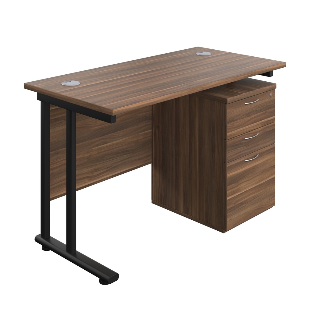 Twin Upright Rectangular Desk + High Mobile Pedestal 3 Drawer (FSC) | 1200X600 | Dark Walnut/Black | 