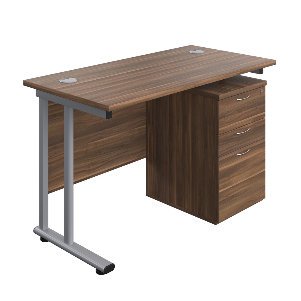 Twin Upright Rectangular Desk + High Mobile Pedestal 3 Drawer (FSC) | 1200X600 | Dark Walnut/Silver | 