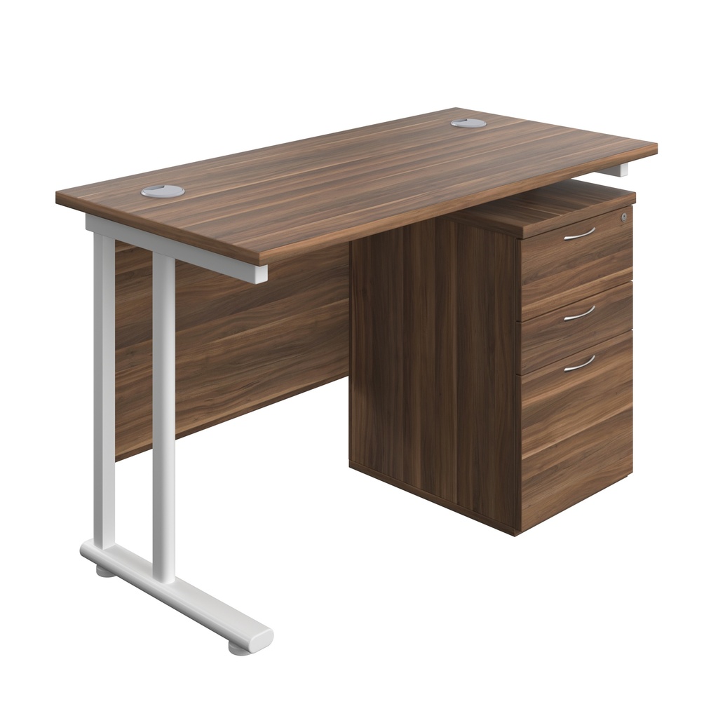 Twin Upright Rectangular Desk + High Mobile Pedestal 3 Drawer (FSC) | 1200X600 | Dark Walnut/White | 