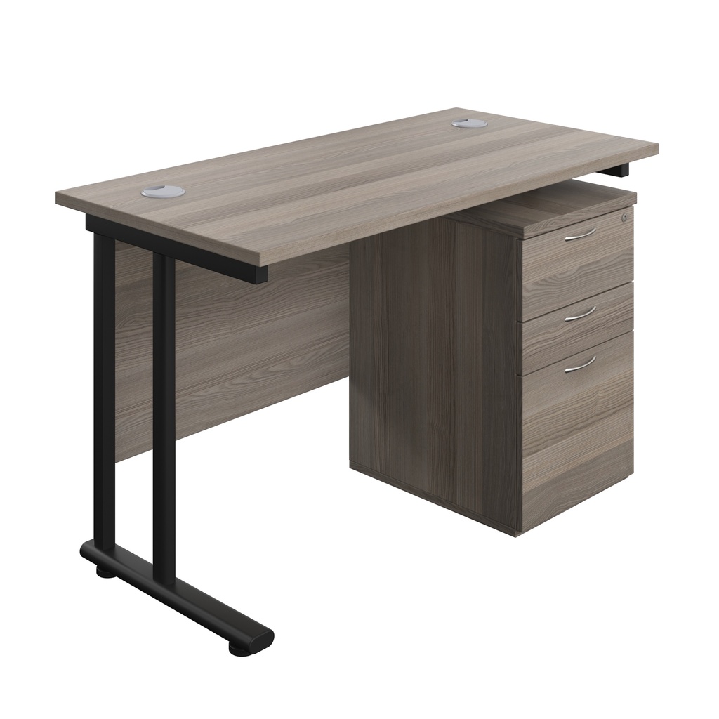 Twin Upright Rectangular Desk + High Mobile Pedestal 3 Drawer (FSC) | 1200X600 | Grey Oak/Black | 
