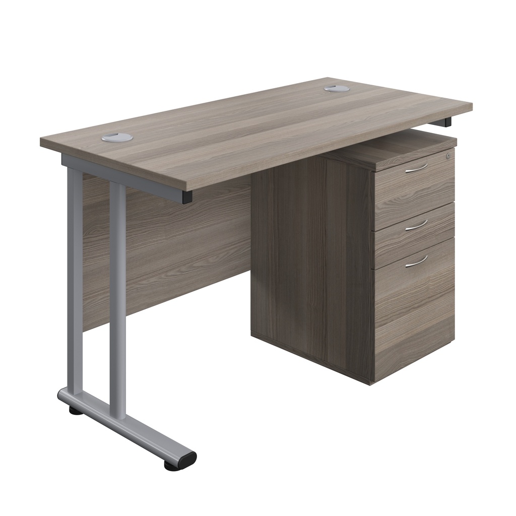Twin Upright Rectangular Desk + High Mobile Pedestal 3 Drawer (FSC) | 1200X600 | Grey Oak/Silver | 