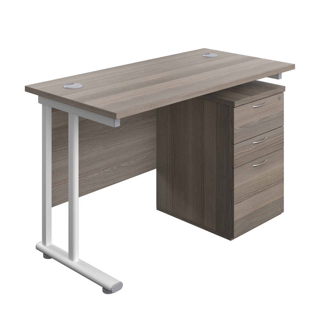 Twin Upright Rectangular Desk + High Mobile Pedestal 3 Drawer (FSC) | 1200X600 | Grey Oak/White | 