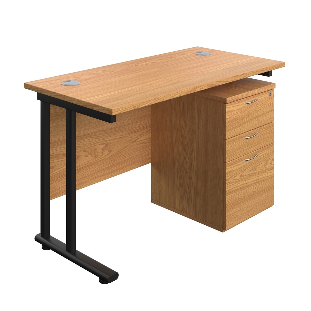 Twin Upright Rectangular Desk + High Mobile Pedestal 3 Drawer (FSC) | 1200X600 | Nova Oak/Black | 