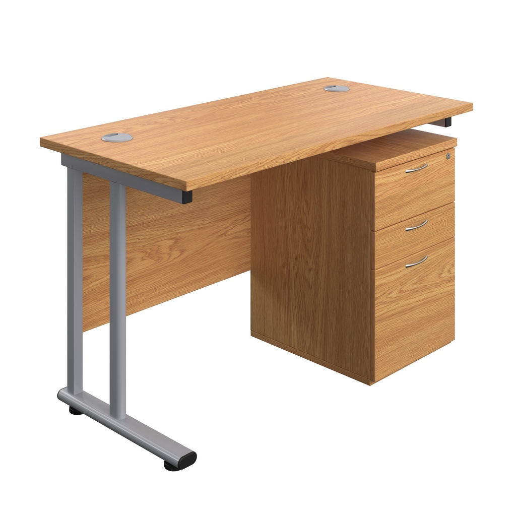 Twin Upright Rectangular Desk + High Mobile Pedestal 3 Drawer (FSC) | 1200X600 | Nova Oak/Silver | 