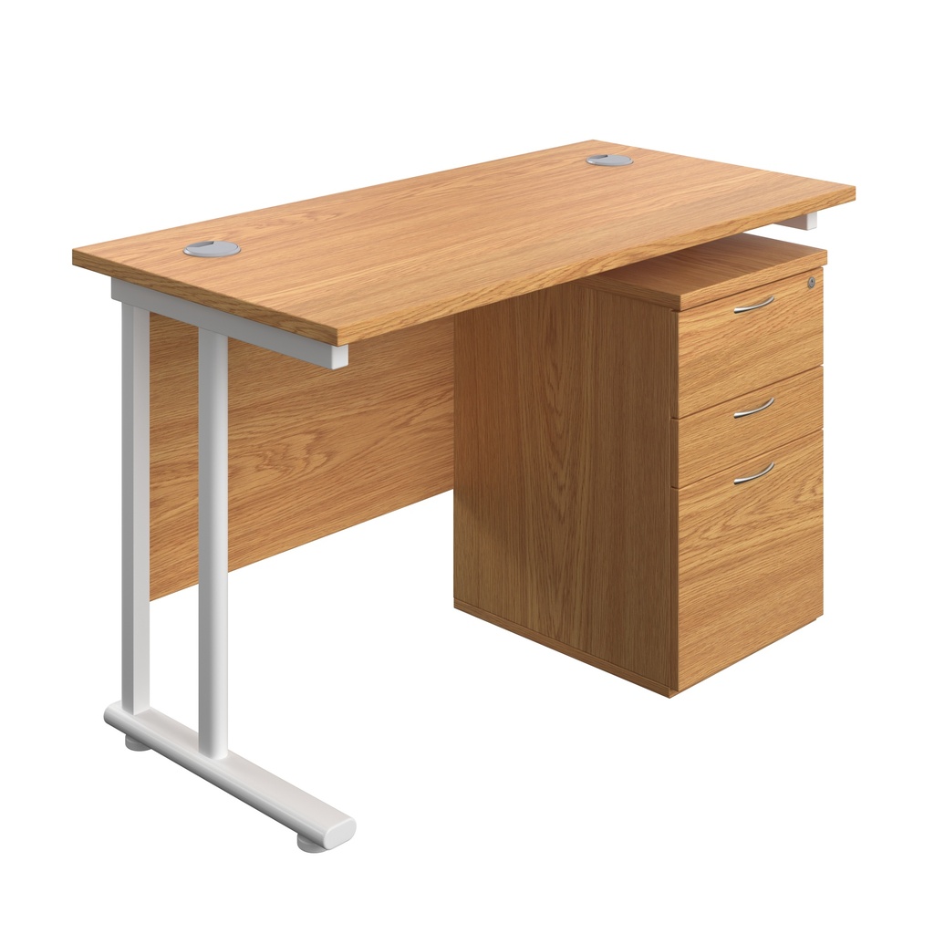 Twin Upright Rectangular Desk + High Mobile Pedestal 3 Drawer (FSC) | 1200X600 | Nova Oak/White | 