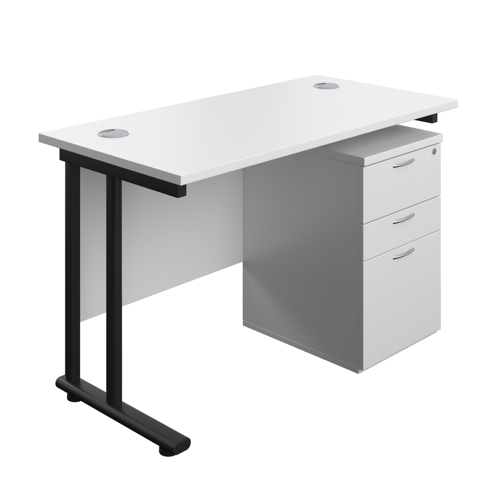 Twin Upright Rectangular Desk + High Mobile Pedestal 3 Drawer (FSC) | 1200X600 | White/Black | 