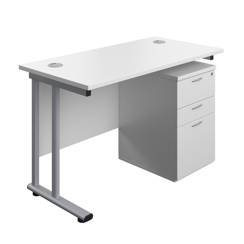 Twin Upright Rectangular Desk + High Mobile Pedestal 3 Drawer (FSC) | 1200X600 | White/Silver | 