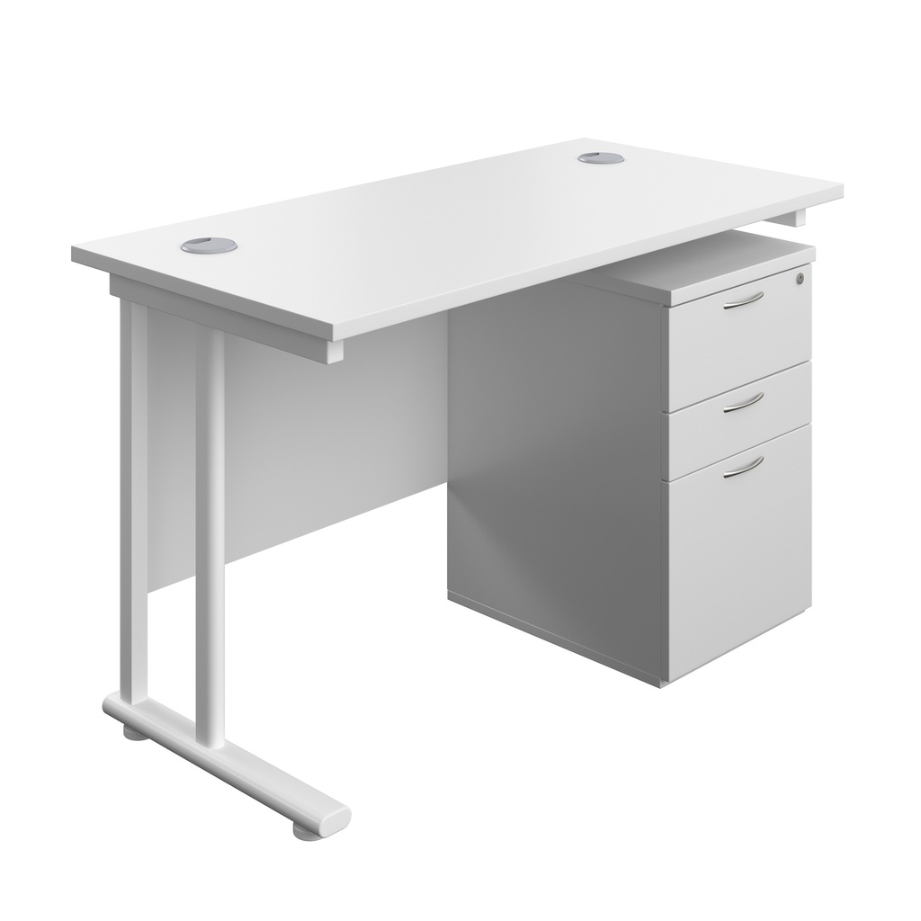 Twin Upright Rectangular Desk + High Mobile Pedestal 3 Drawer (FSC) | 1200X600 | White/White | 