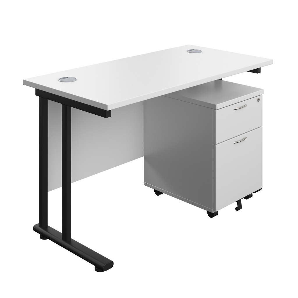 Twin Upright Rectangular Desk + Mobile 2 Drawer Pedestal (FSC) | 1200X600 | White/Black | 