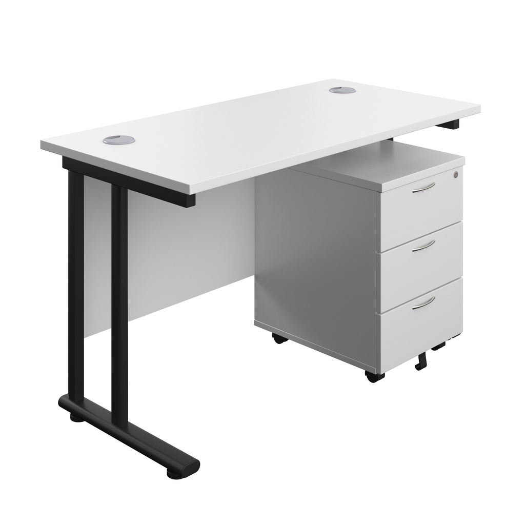 Twin Upright Rectangular Desk + Mobile 3 Drawer Pedestal (FSC) | 1200X600 | White/Black | 