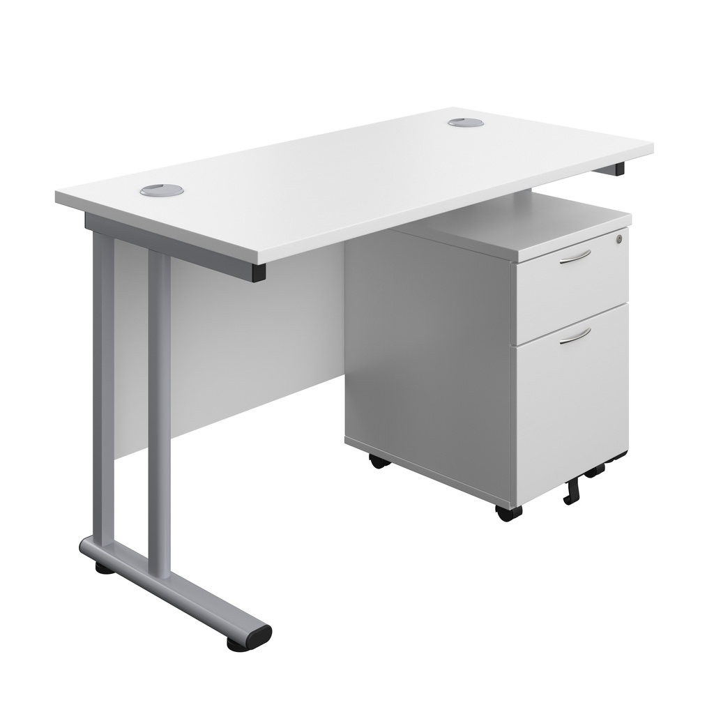 Twin Upright Rectangular Desk + Mobile 2 Drawer Pedestal (FSC) | 1200X600 | White/Silver | 