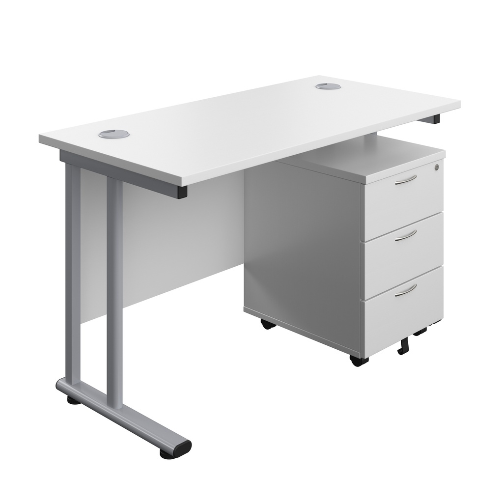 Twin Upright Rectangular Desk + Mobile 3 Drawer Pedestal (FSC) | 1200X600 | White/Silver | 