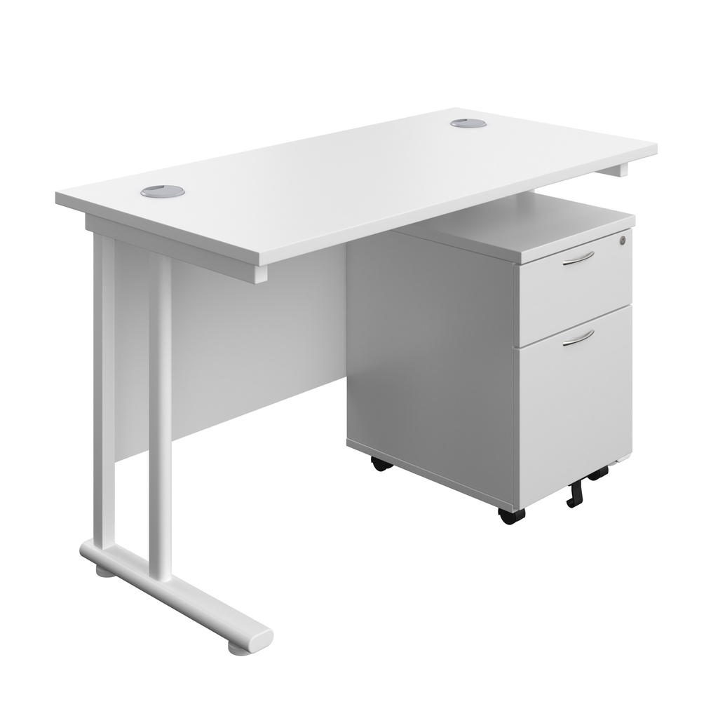 Twin Upright Rectangular Desk + Mobile 2 Drawer Pedestal (FSC) | 1200X600 | White/White | 