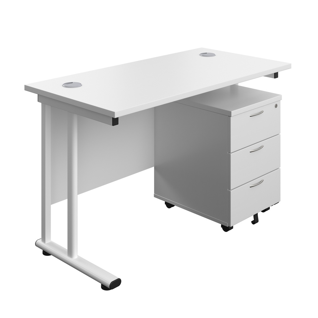 Twin Upright Rectangular Desk + Mobile 3 Drawer Pedestal (FSC) | 1200X600 | White/White | 