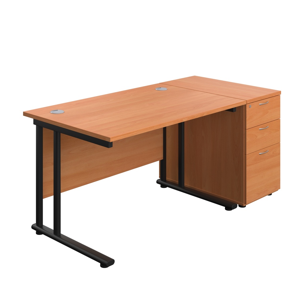 Twin Upright Rectangular Desk + Desk High 3 Drawer Pedestal (FSC) | 1200X800 | Beech/Black | 
