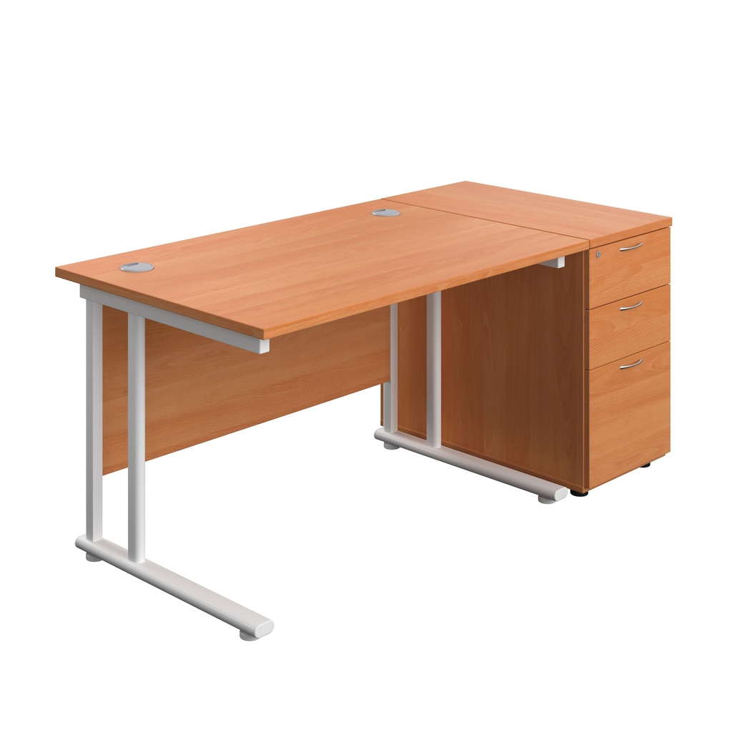 Twin Upright Rectangular Desk + Desk High 3 Drawer Pedestal (FSC) | 1200X800 | Beech/White | 