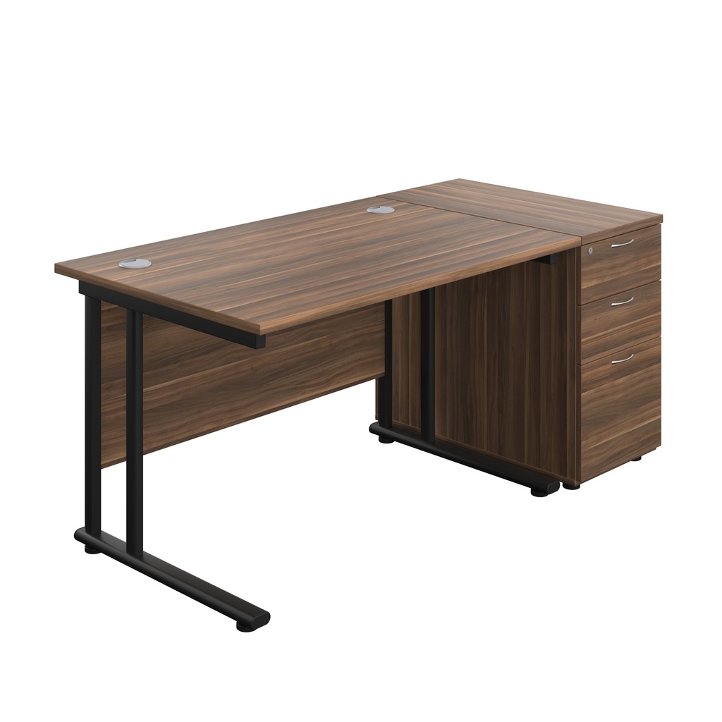Twin Upright Rectangular Desk + Desk High 3 Drawer Pedestal (FSC) | 1200X800 | Dark Walnut/Black | 
