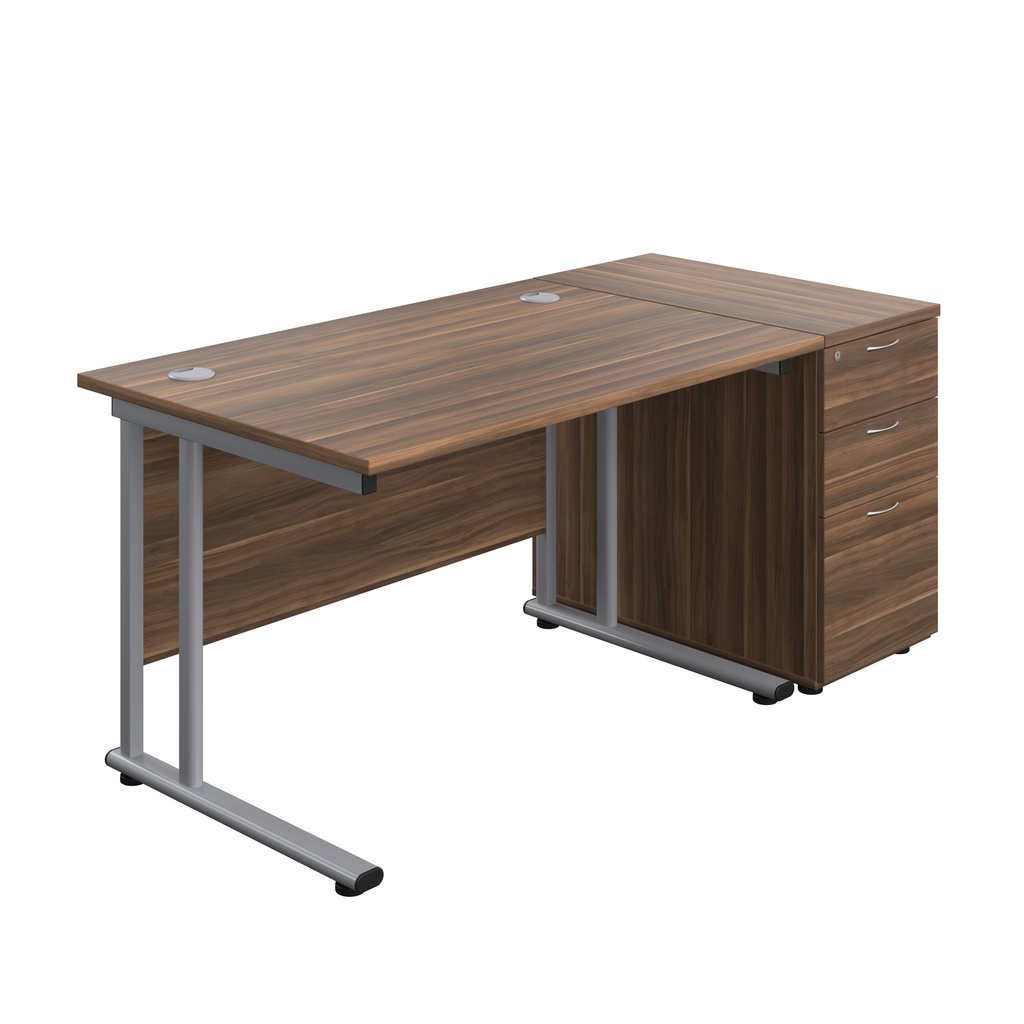 Twin Upright Rectangular Desk + Desk High 3 Drawer Pedestal (FSC) | 1200X800 | Dark Walnut/Silver | 