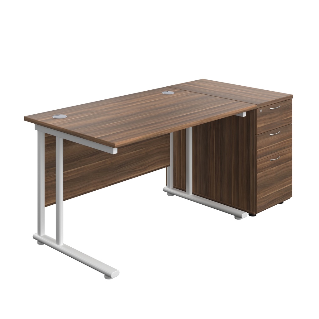 Twin Upright Rectangular Desk + Desk High 3 Drawer Pedestal (FSC) | 1200X800 | Dark Walnut/White | 