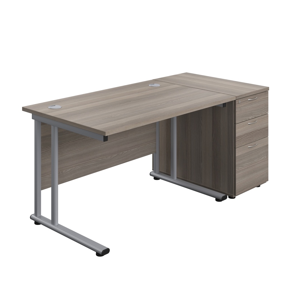 Twin Upright Rectangular Desk + Desk High 3 Drawer Pedestal (FSC) | 1200X800 | Grey Oak/Silver | 