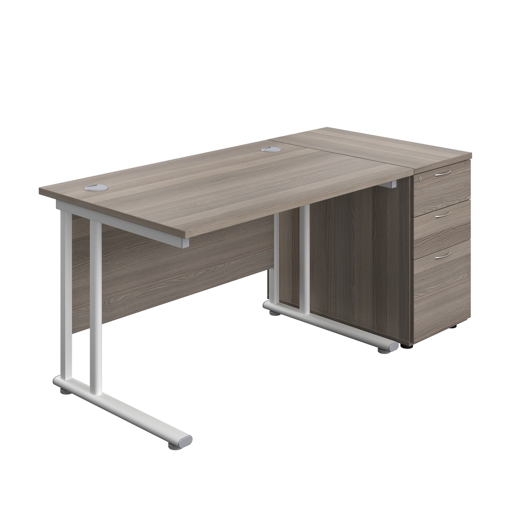 Twin Upright Rectangular Desk + Desk High 3 Drawer Pedestal (FSC) | 1200X800 | Grey Oak/White | 