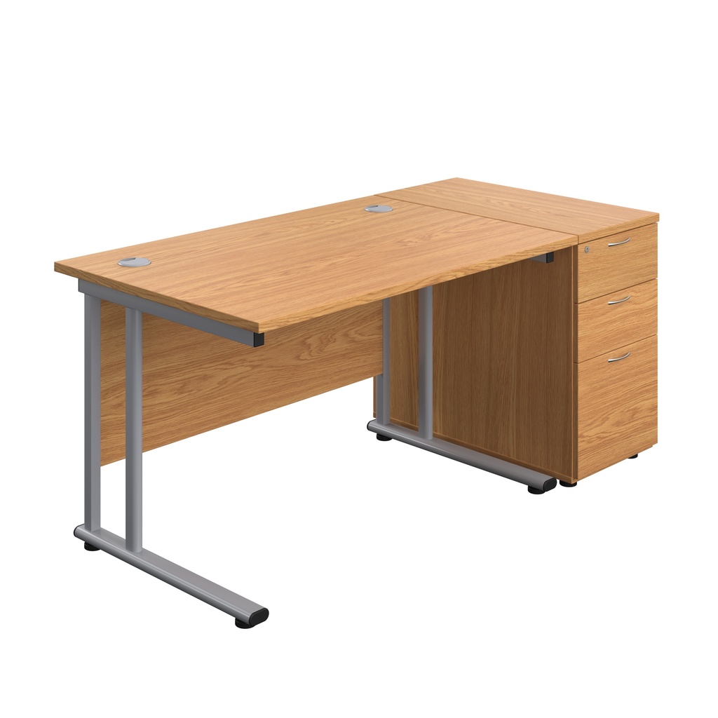 Twin Upright Rectangular Desk + Desk High 3 Drawer Pedestal (FSC) | 1200X800 | Nova Oak/Silver | 