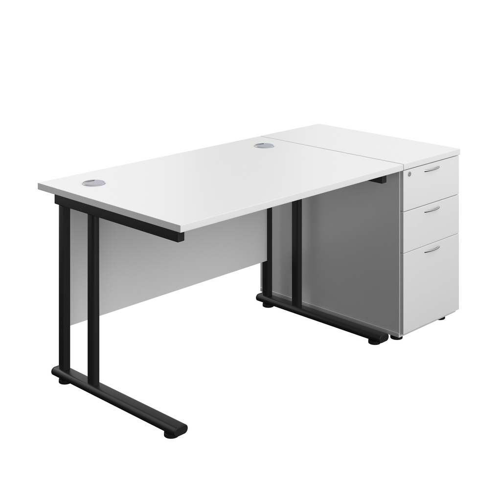 Twin Upright Rectangular Desk + Desk High 3 Drawer Pedestal (FSC) | 1200X800 | White/Black | 