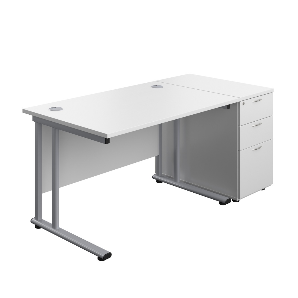 Twin Upright Rectangular Desk + Desk High 3 Drawer Pedestal (FSC) | 1200X800 | White/Silver | 