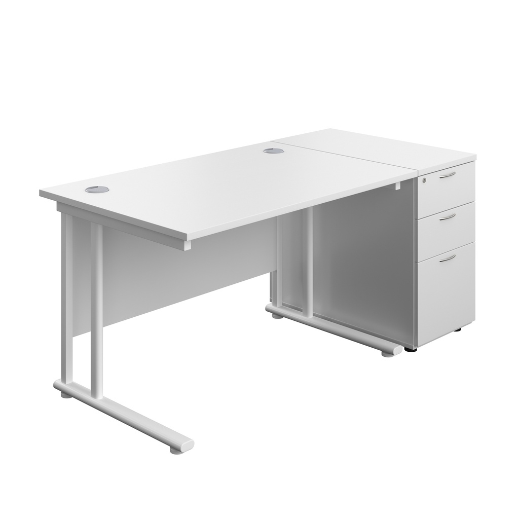 Twin Upright Rectangular Desk + Desk High 3 Drawer Pedestal (FSC) | 1200X800 | White/White | 