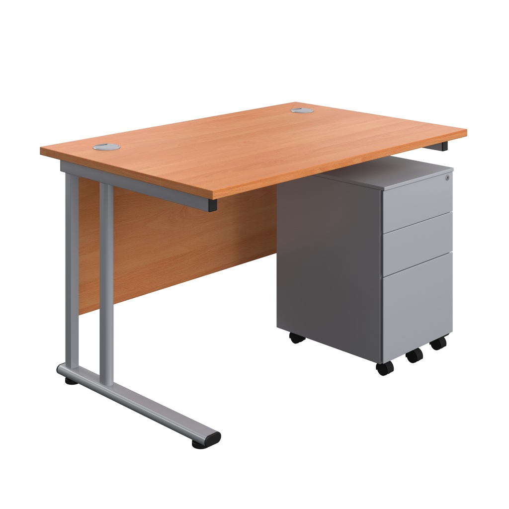 Twin Upright Rectangular Desk + Under Desk Steel Pedestal 3 Drawers (FSC) | 1200X800 | Beech/Silver | 