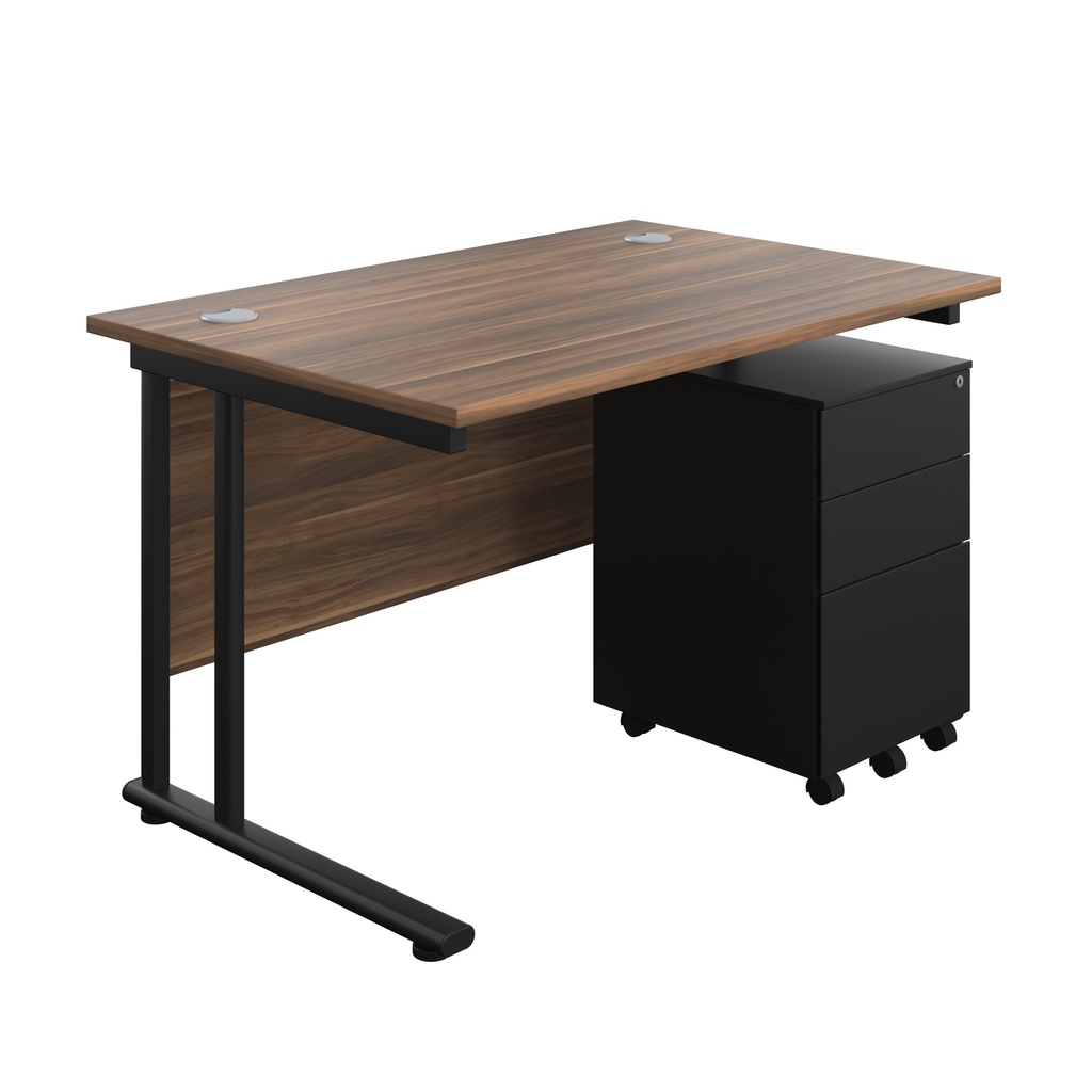 Twin Upright Rectangular Desk + Under Desk Steel Pedestal 3 Drawers (FSC) | 1200X800 | Dark Walnut/Black | 