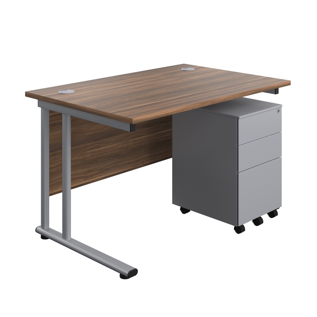 Twin Upright Rectangular Desk + Under Desk Steel Pedestal 3 Drawers (FSC) | 1200X800 | Dark Walnut/Silver | 