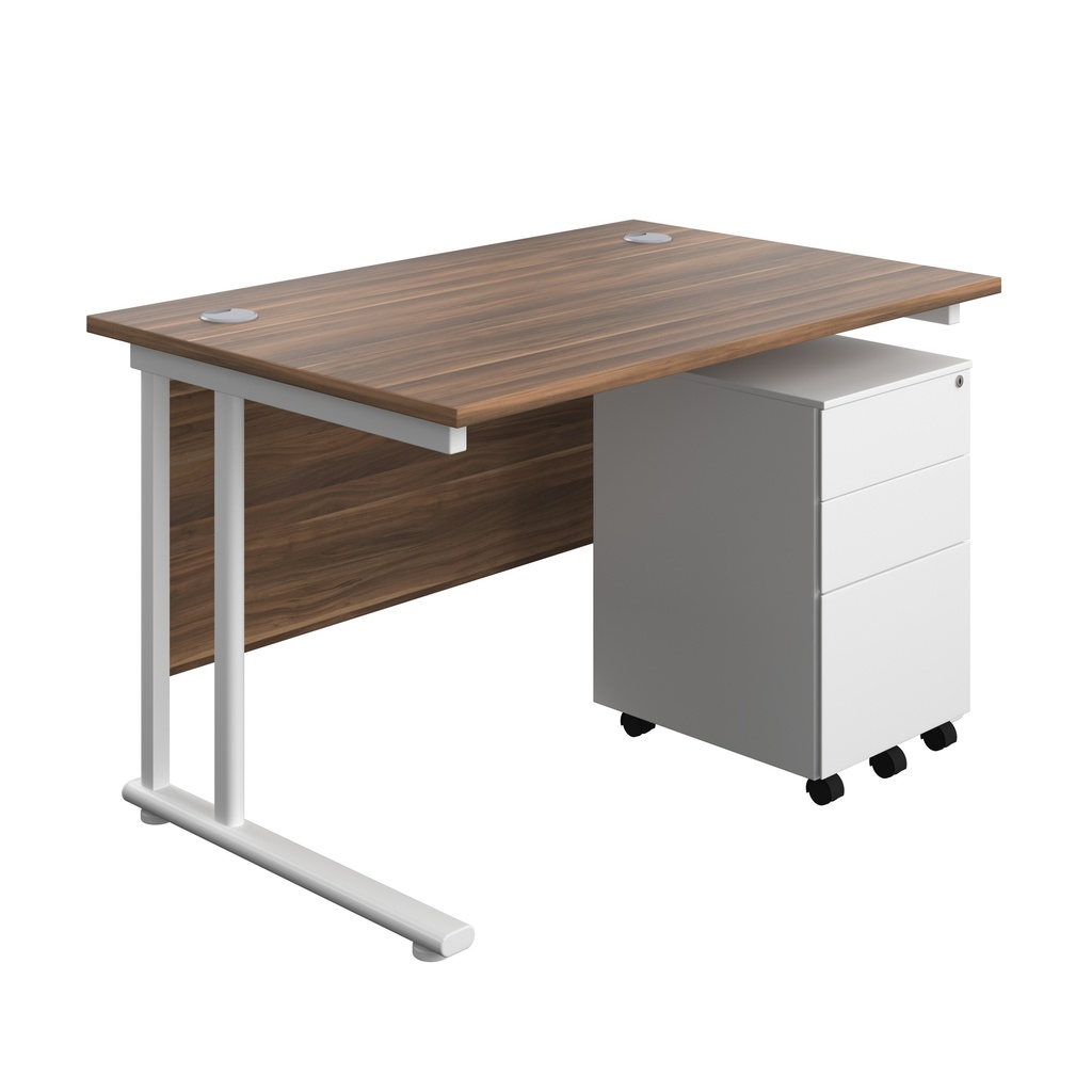 Twin Upright Rectangular Desk + Under Desk Steel Pedestal 3 Drawers (FSC) | 1200X800 | Dark Walnut/White | 