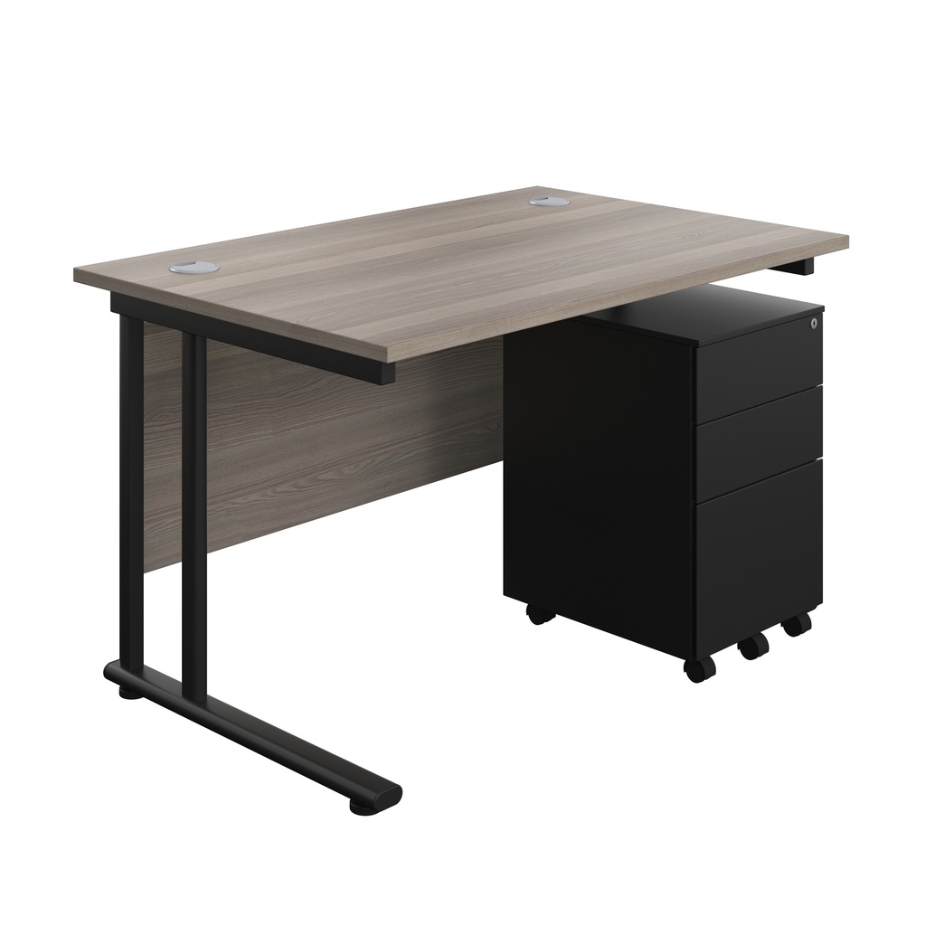 Twin Upright Rectangular Desk + Under Desk Steel Pedestal 3 Drawers (FSC) | 1200X800 | Grey Oak/Black | 
