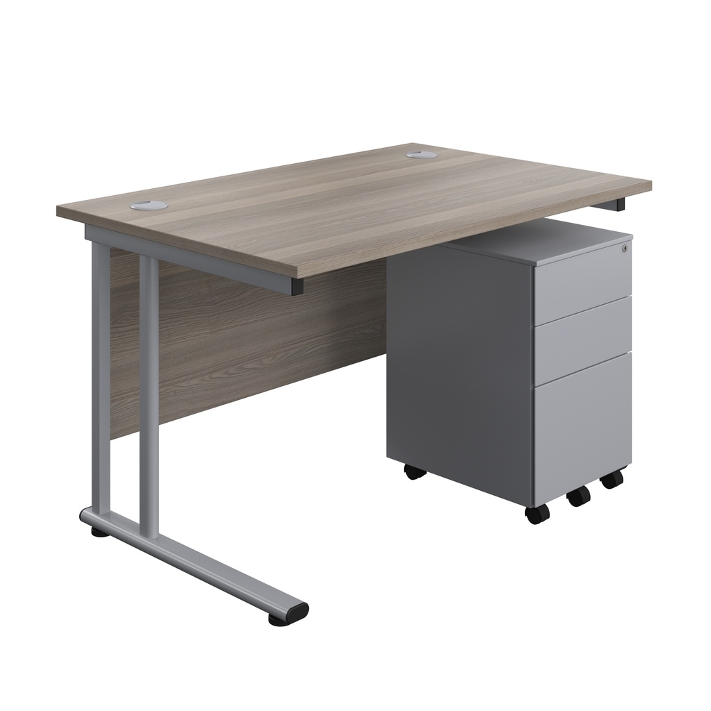 Twin Upright Rectangular Desk + Under Desk Steel Pedestal 3 Drawers (FSC) | 1200X800 | Grey Oak/Silver | 