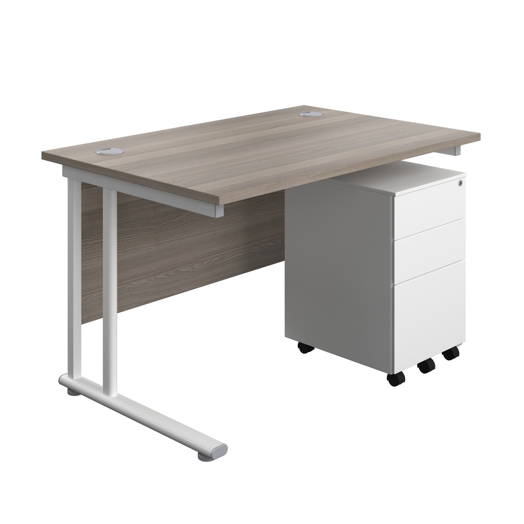 Twin Upright Rectangular Desk + Under Desk Steel Pedestal 3 Drawers (FSC) | 1200X800 | Grey Oak/White | 
