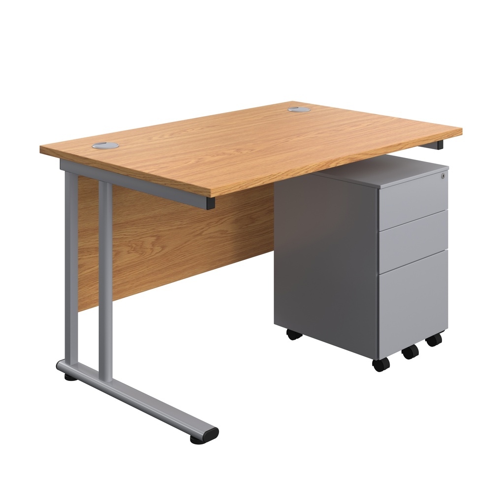 Twin Upright Rectangular Desk + Under Desk Steel Pedestal 3 Drawers (FSC) | 1200X800 | Nova Oak/Silver | 