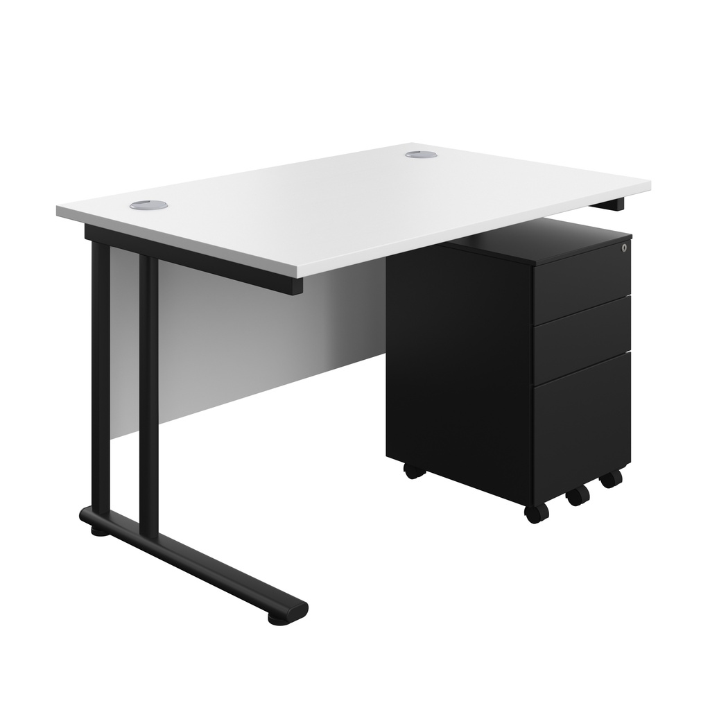 Twin Upright Rectangular Desk + Under Desk Steel Pedestal 3 Drawers (FSC) | 1200X800 | White/Black | 