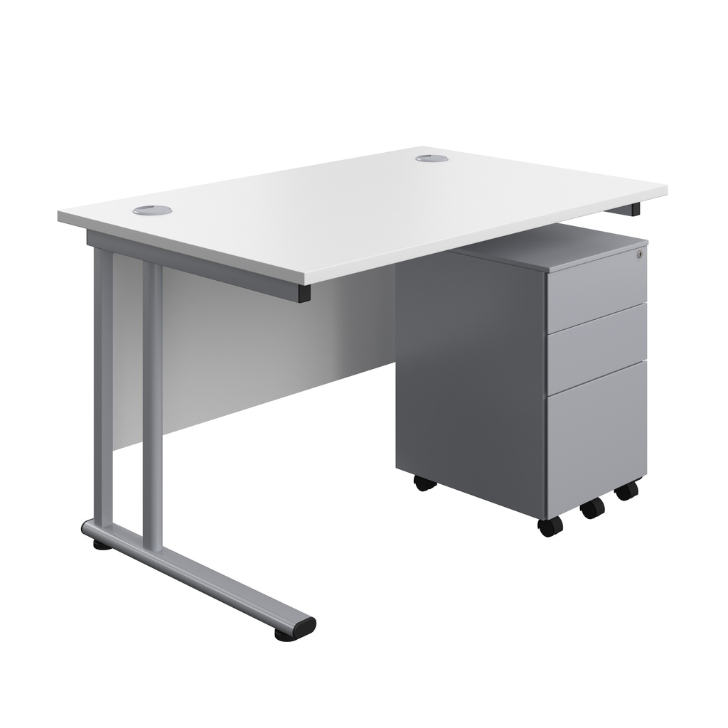 Twin Upright Rectangular Desk + Under Desk Steel Pedestal 3 Drawers (FSC) | 1200X800 | White/Silver | 