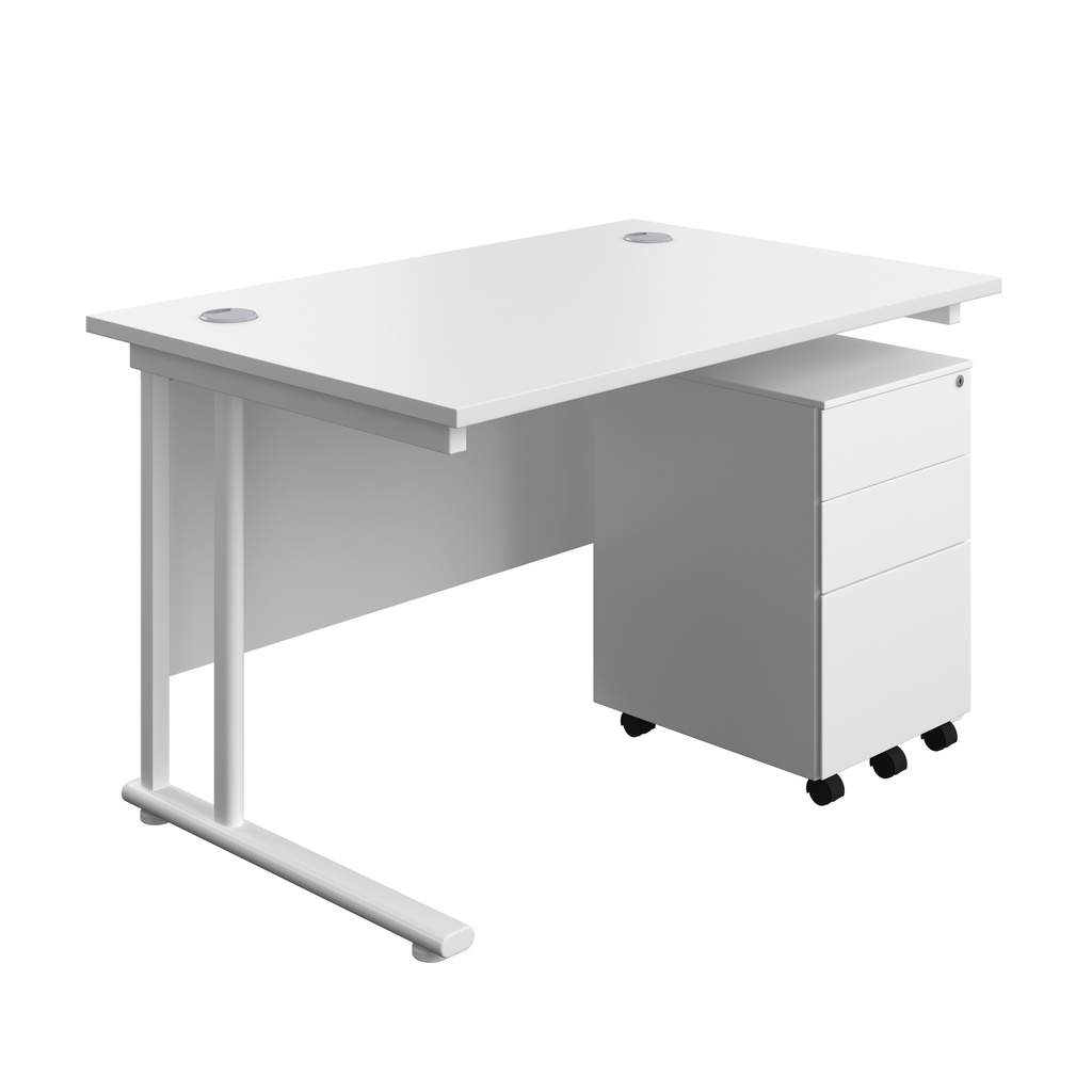 Twin Upright Rectangular Desk + Under Desk Steel Pedestal 3 Drawers (FSC) | 1200X800 | White/White | 