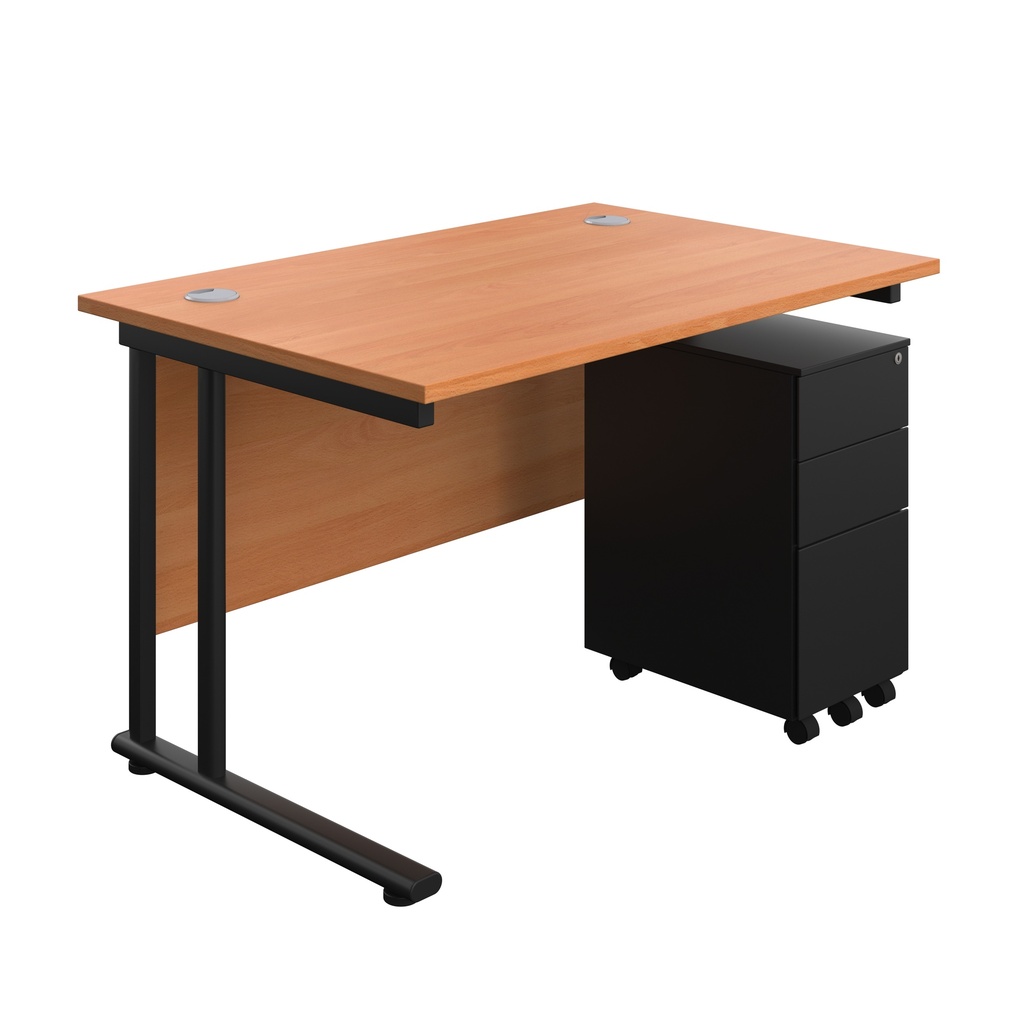 Twin Upright Rectangular Desk + Slimline Steel Pedestal 3 Drawers (FSC) | 1200X800 | Beech/Black | 