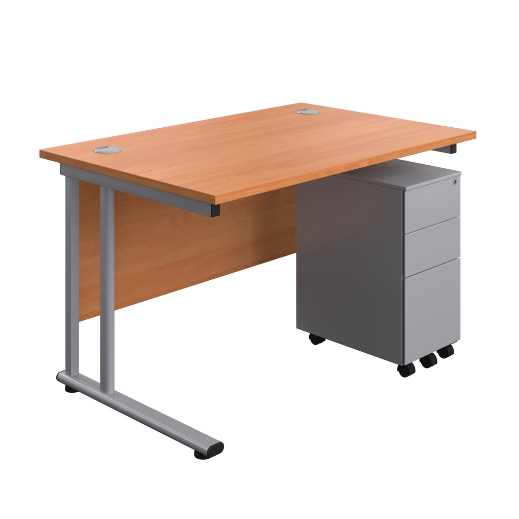 Twin Upright Rectangular Desk + Slimline Steel Pedestal 3 Drawers (FSC) | 1200X800 | Beech/Silver | 