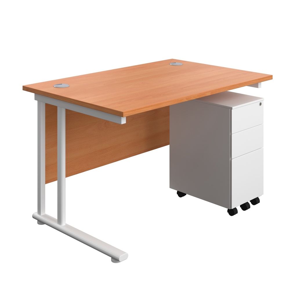 Twin Upright Rectangular Desk + Slimline Steel Pedestal 3 Drawers (FSC) | 1200X800 | Beech/White | 