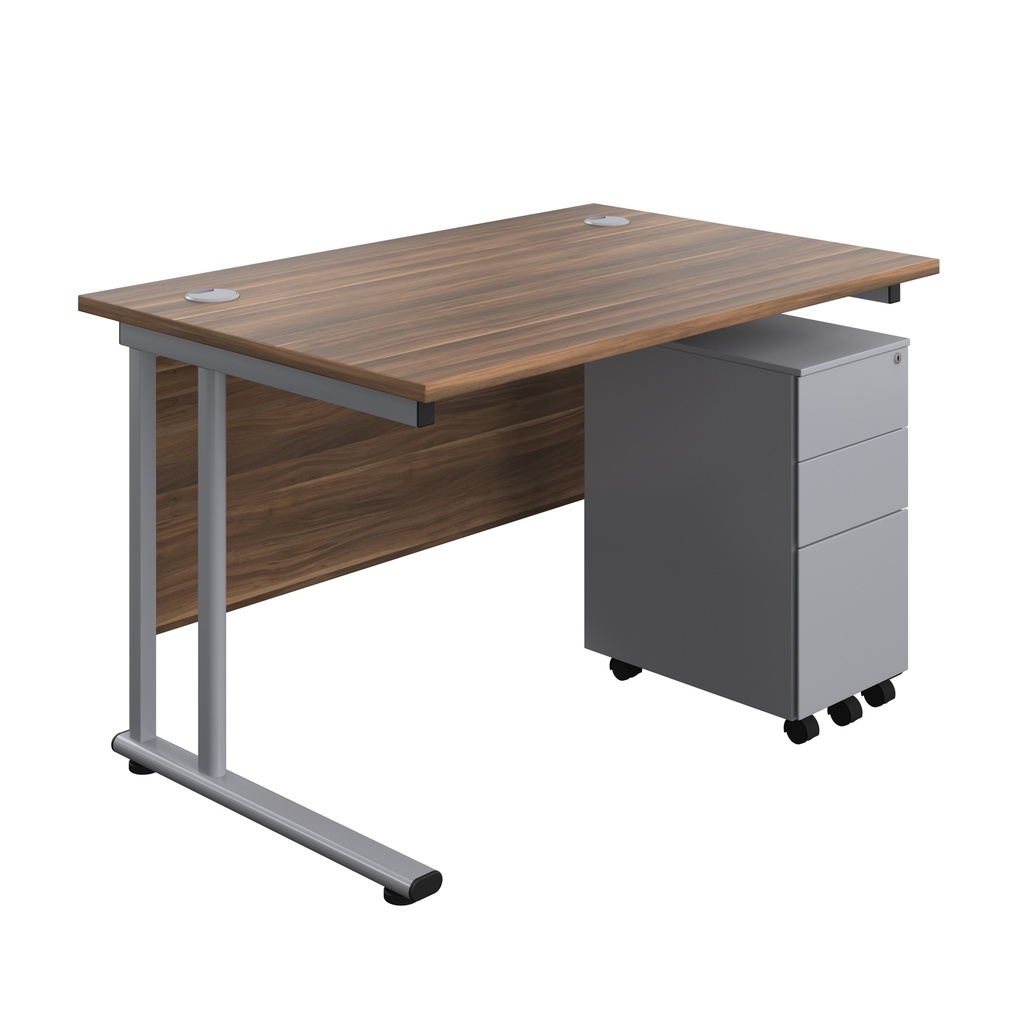 Twin Upright Rectangular Desk + Slimline Steel Pedestal 3 Drawers (FSC) | 1200X800 | Dark Walnut/Silver | 