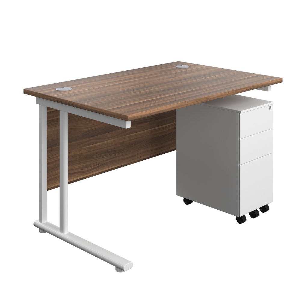 Twin Upright Rectangular Desk + Slimline Steel Pedestal 3 Drawers (FSC) | 1200X800 | Dark Walnut/White | 