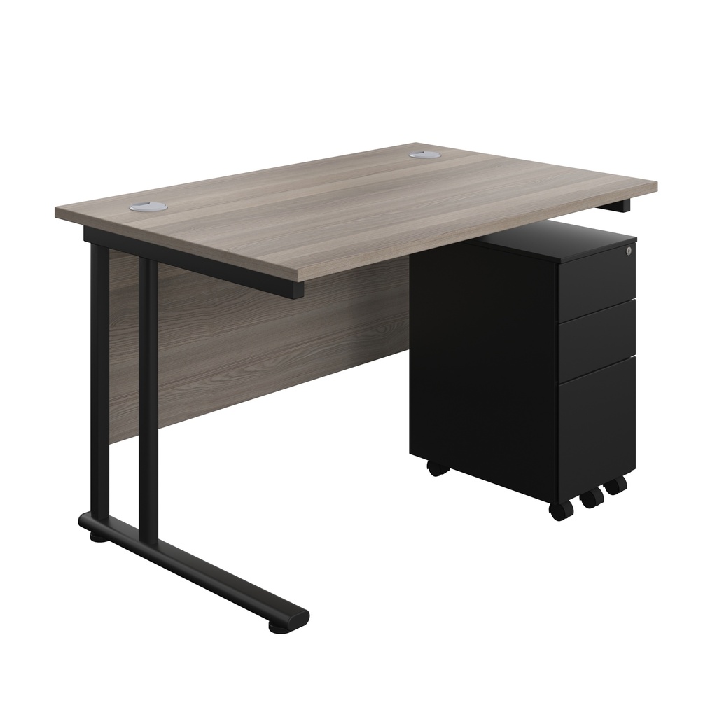 Twin Upright Rectangular Desk + Slimline Steel Pedestal 3 Drawers (FSC) | 1200X800 | Grey Oak/Black | 